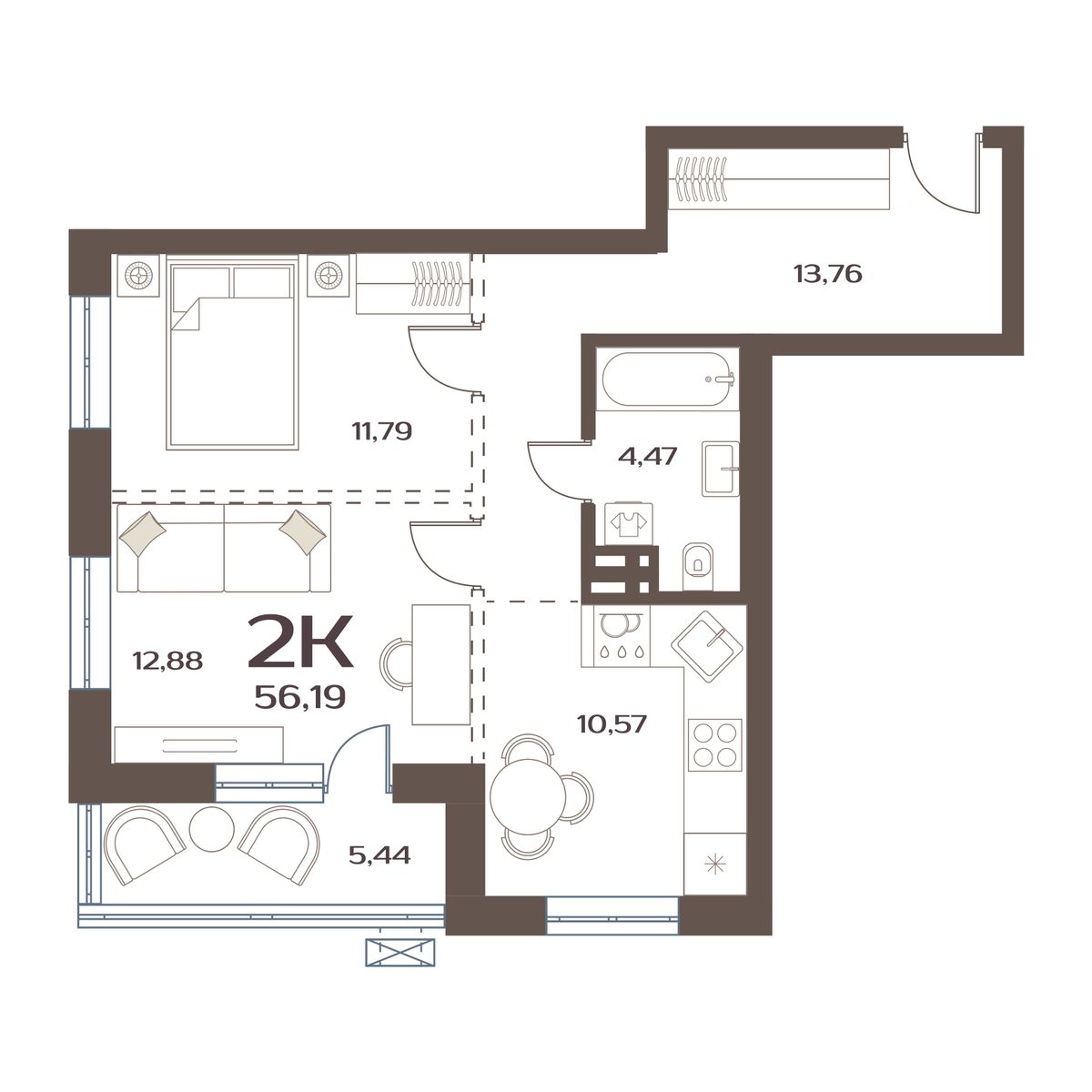 ЖК Меридианы Улисса, 2-комн кв 56,19 м2, за 7 444 000 ₽, 2 этаж